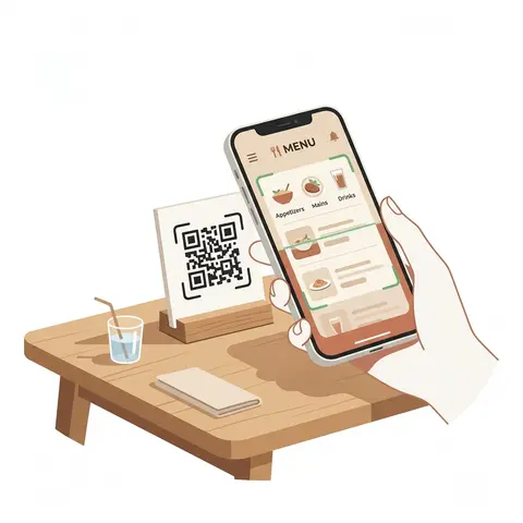 Phone scanning QR code at restaurant table